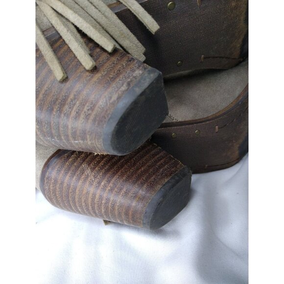 Sam Edelman WOMEN'S Size 7 US Tan Suede Louie Fringe Ankle Boots Stacked Heel - Picture 8 of 12